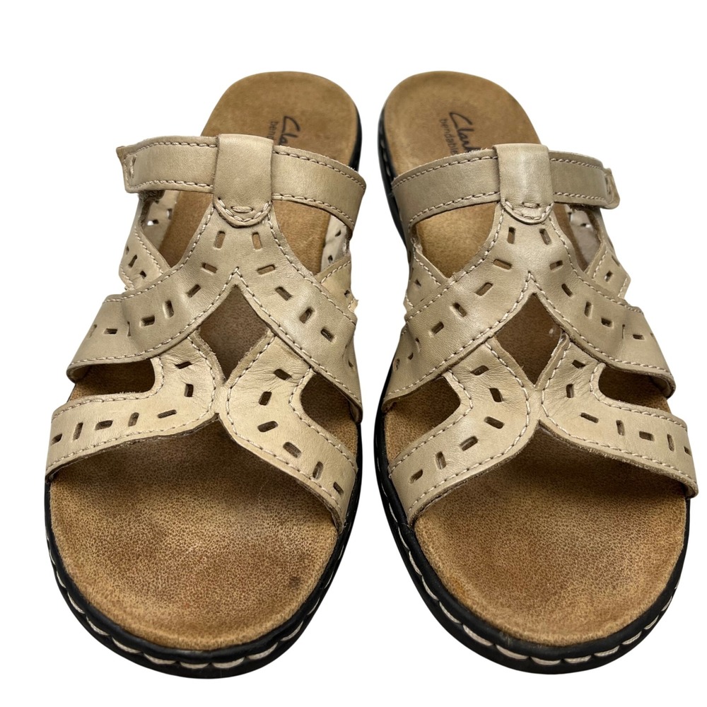 Clarks Bendables Womens Size‎ 10 Beige Leather Cutout Slide Sandals Comfort Walk